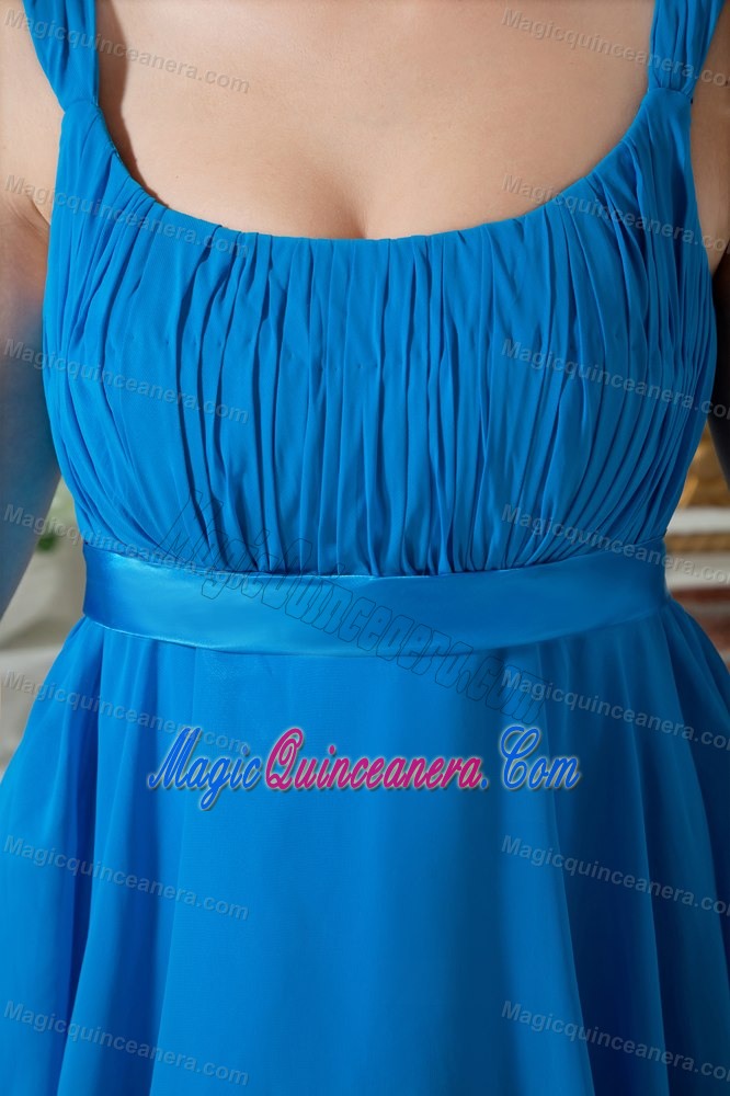 Teal Square Ruches Sash Knee Length Quince Dama Dresses in Ceiba