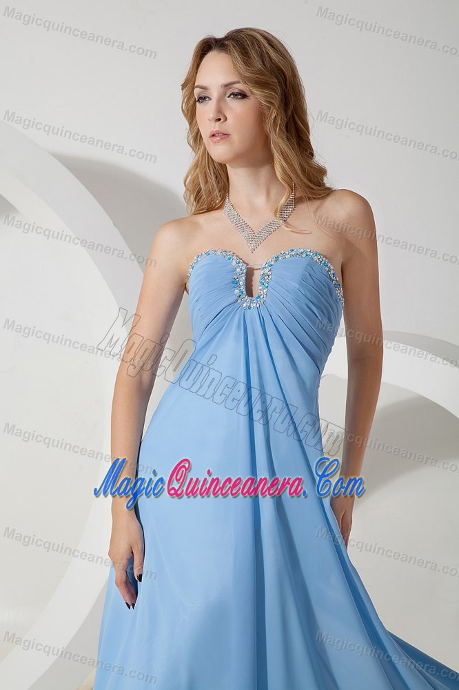 Ruched and Beaded Light Blue Chiffon Dama Dress for Quinceaneras