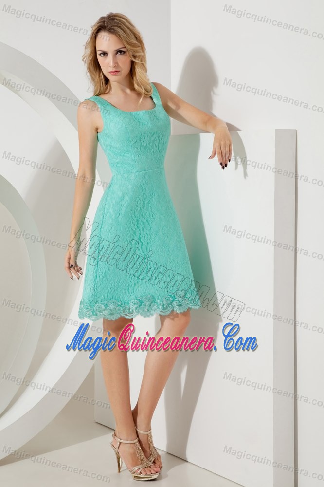 Turquoise A-line Square Lace 15 Dresses for Damas of Knee Length
