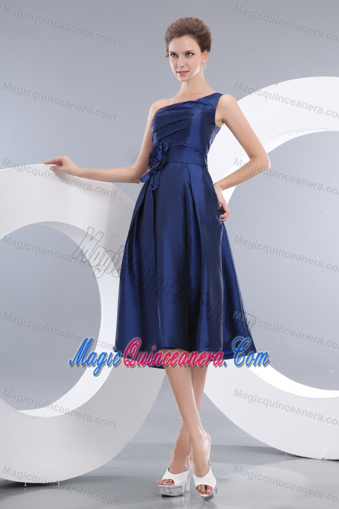 Navy Blue One Shoulder Knee Length Flowery Dama Quinceanera Dress