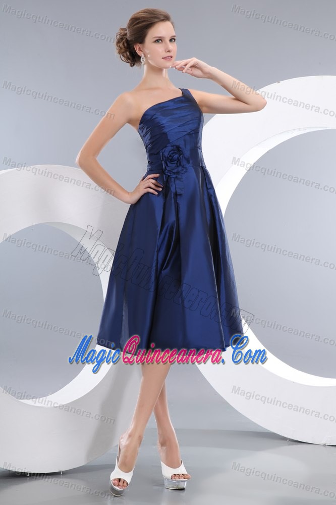 Navy Blue One Shoulder Knee Length Flowery Dama Quinceanera Dress
