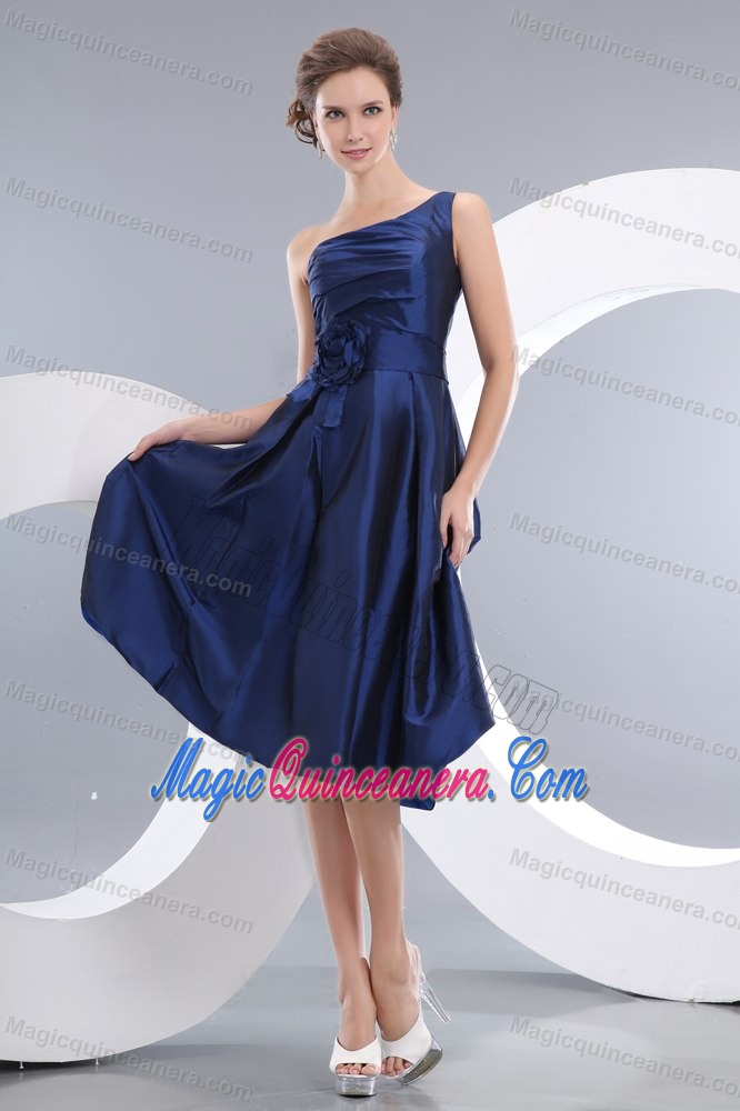 Navy Blue One Shoulder Knee Length Flowery Dama Quinceanera Dress