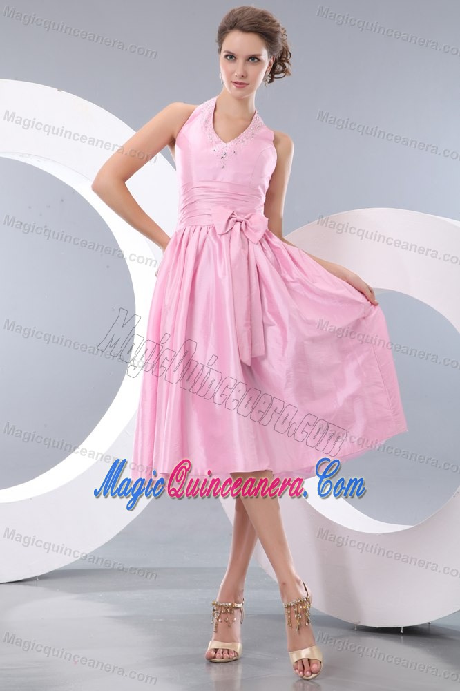 Rose Pink Empire Halter Dama Quinceanera Dresses with Sash Beading