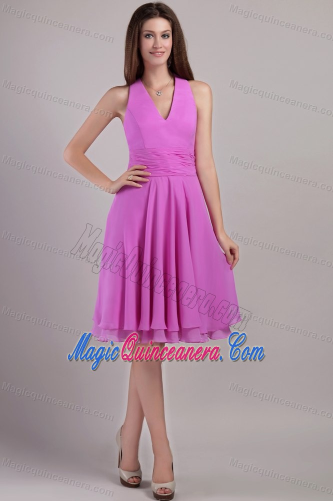 Ruches V-neck Knee Length Chiffon Lavender Dama Quinceanera Dress