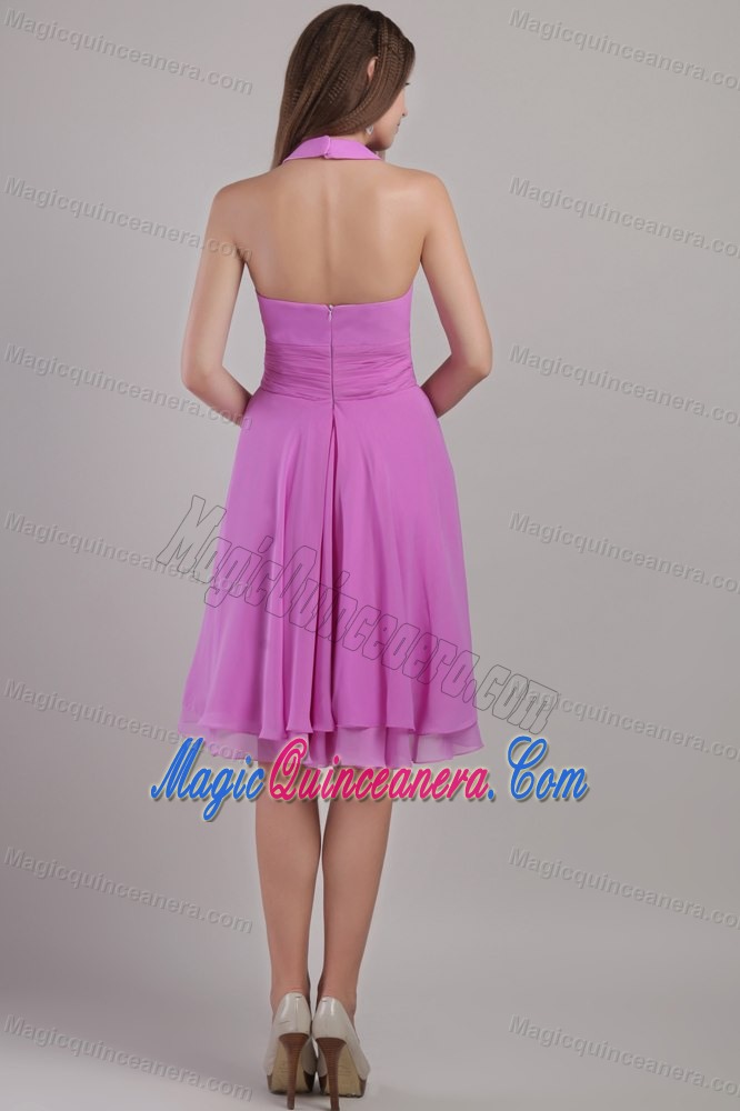 Ruches V-neck Knee Length Chiffon Lavender Dama Quinceanera Dress