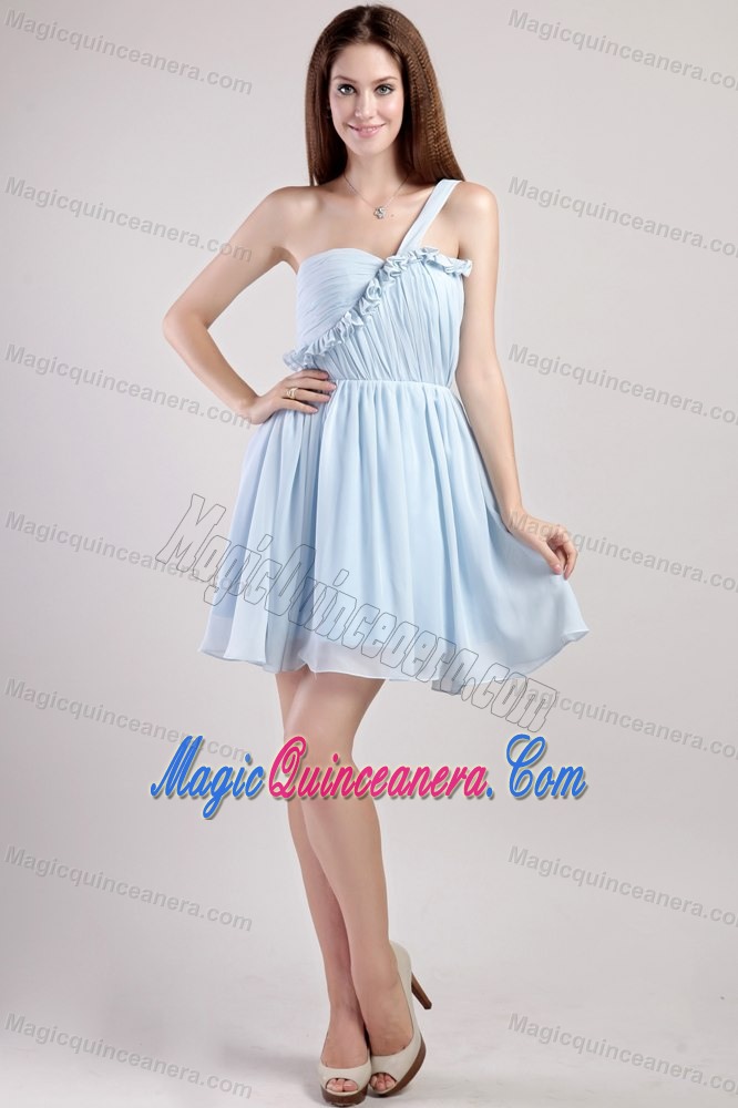 Light Blue One Shoulder Chiffon Mini Length Dresses for Damas