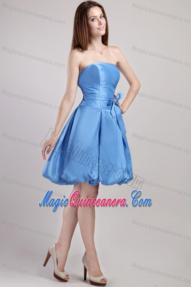Blue A-line Strapless Taffeta Mini Dresses for Damas with Sash