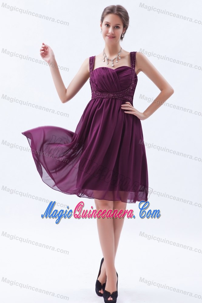 Straps Beading Ruches Chiffon Quinceanera Dama Dresses in Purple