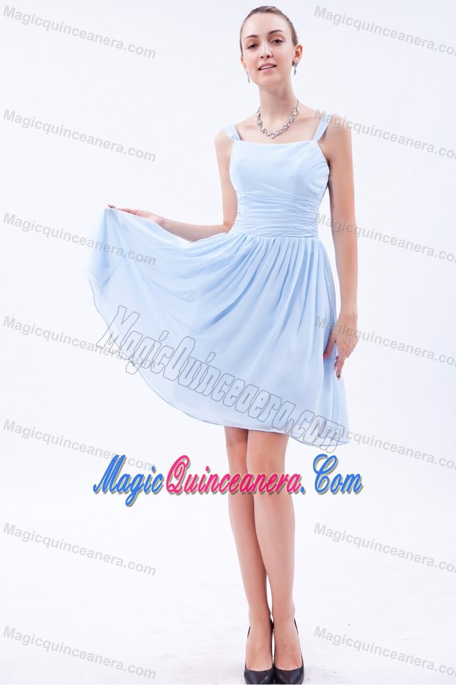 Ruched Light Blue Chiffon Quinceanera Dama Dresses with Straps