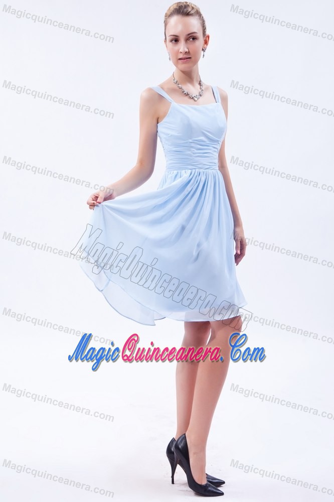 Ruched Light Blue Chiffon Quinceanera Dama Dresses with Straps
