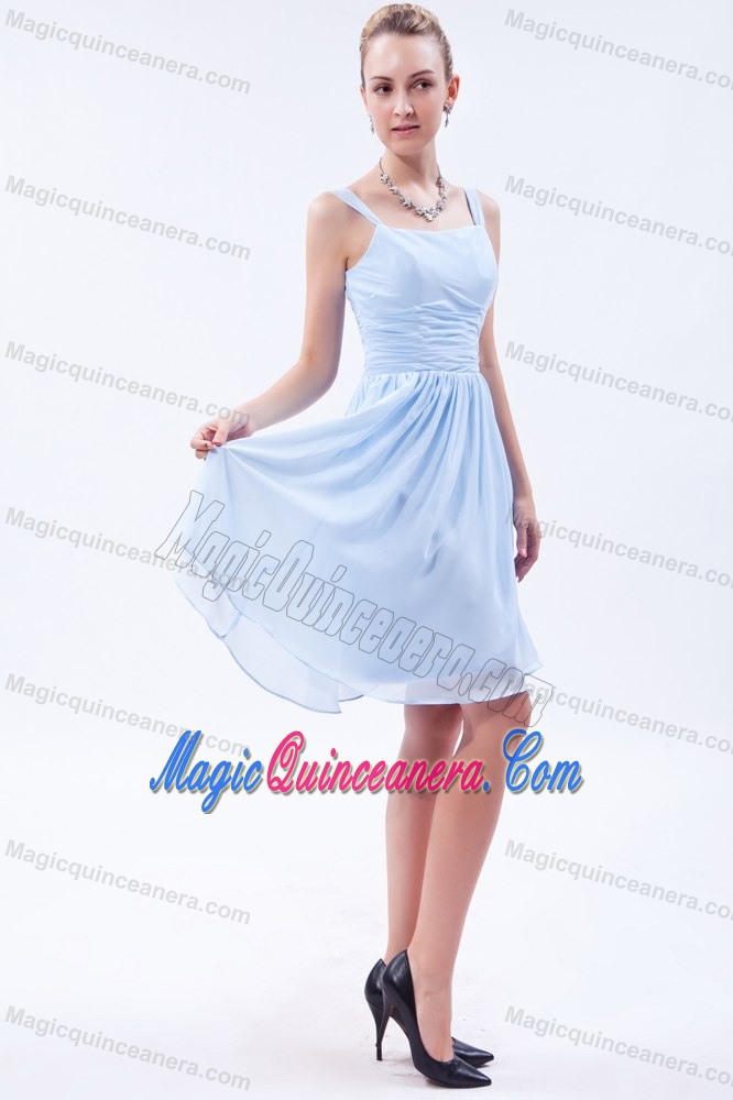 Ruched Light Blue Chiffon Quinceanera Dama Dresses with Straps