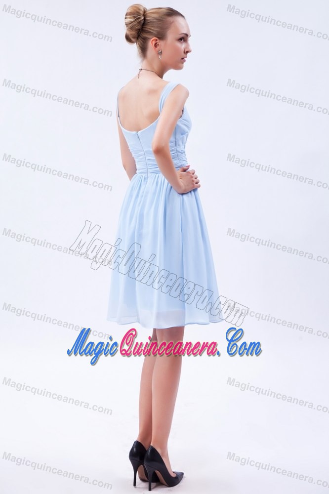 Ruched Light Blue Chiffon Quinceanera Dama Dresses with Straps