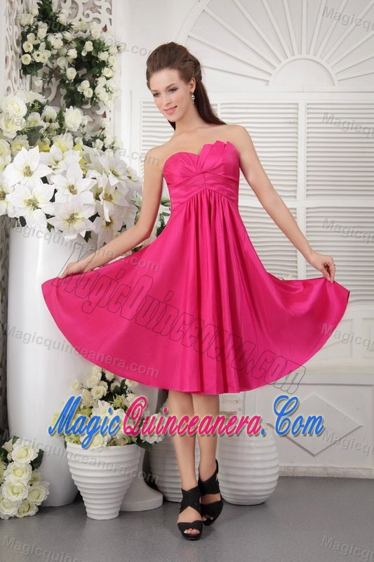 Hot Pink Empire Taffeta Quinceanera Dama Dresses with Ruches 2013