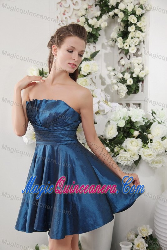 Ruched Taffeta Navy Blue Strapless Dama Dresses with Mini Length