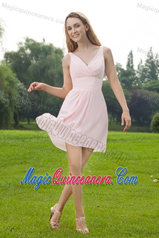 Baby Pink V-neck Mini Length Chiffon Dama Dress in Bayamon 2013