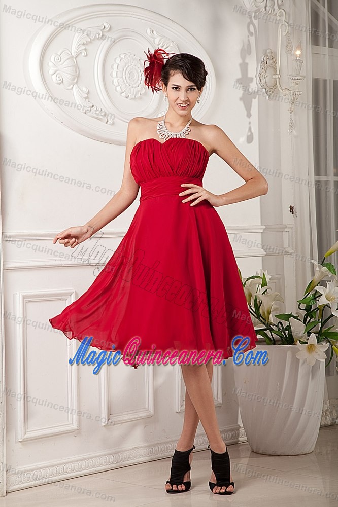 Ruched Red Chiffon Strapless Aempire Dama Dresses for Quinceanera