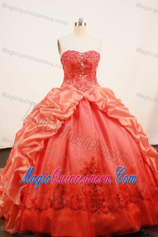 Brush Train Orange Cheap Quinceanera Gown with Embroidery