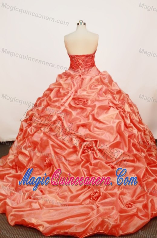 Brush Train Orange Cheap Quinceanera Gown with Embroidery
