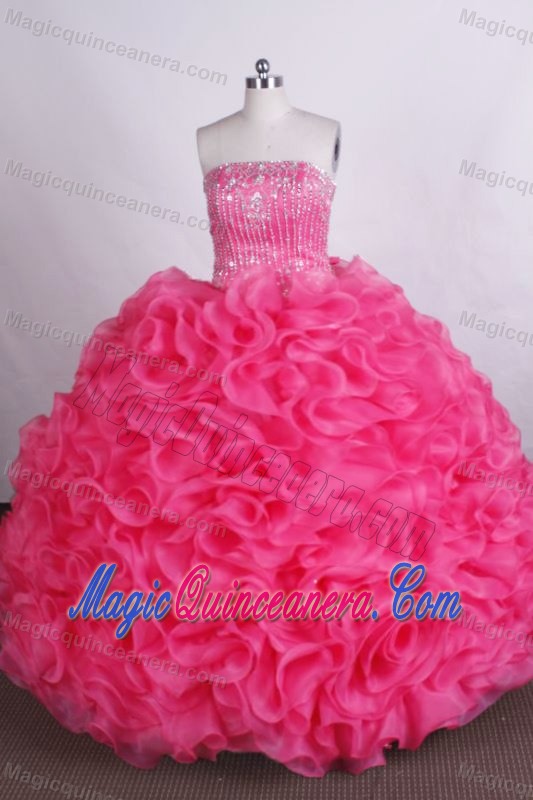 Beaded Strapless Hot Pink Quinceanera Dresses with Ruffles