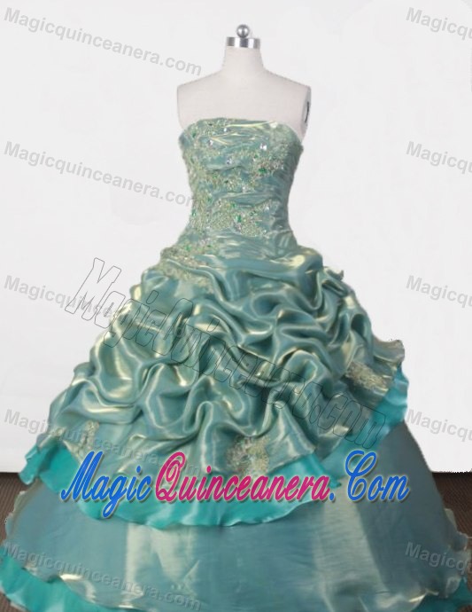 Green Organza Strapless Quinceanera Gowns with Appliques