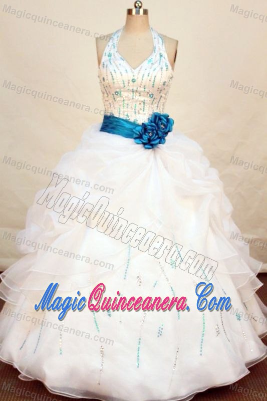 Chic Beaded halter top white Dress 15 with Turquoise sash