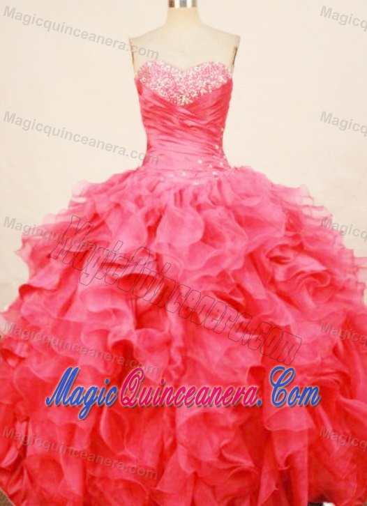 Ruffles Coral Red sweetheart beaded Dress For Quinceanera