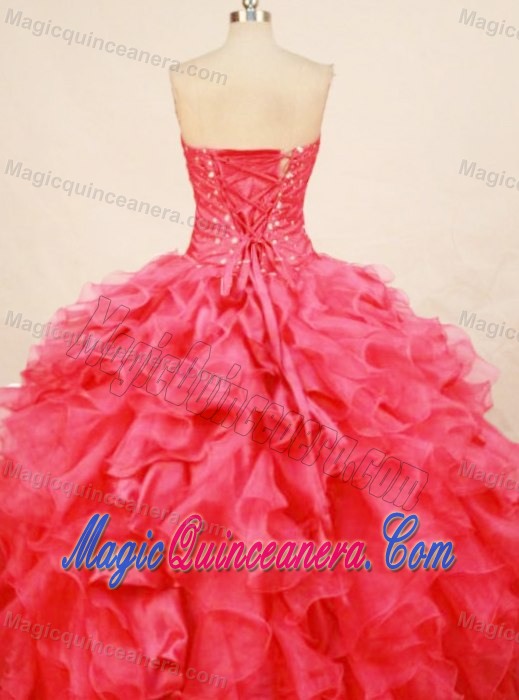 Ruffles Coral Red sweetheart beaded Dress For Quinceanera