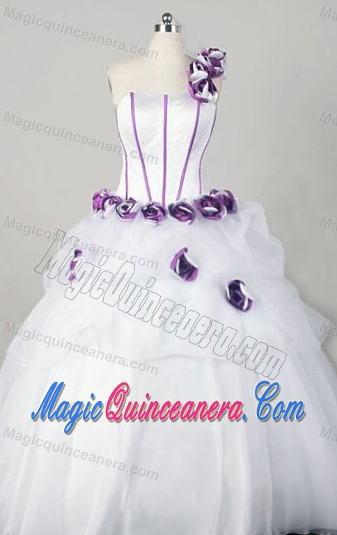 One Shoulder White Hand-made Flower Dress 15 with Pick-ups