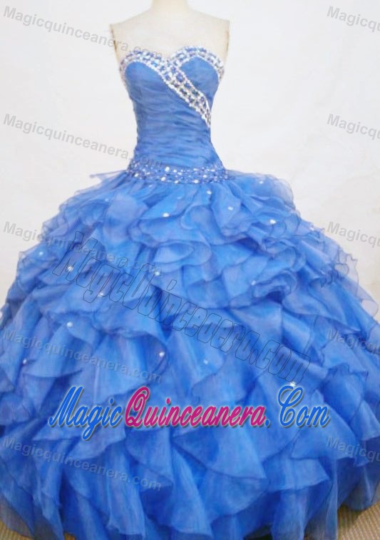Blue Ruching Quinceanera Gowns with Ruffles and Beadings