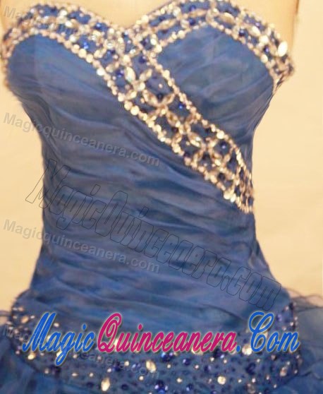 Blue Ruching Quinceanera Gowns with Ruffles and Beadings