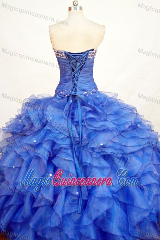 Blue Ruching Quinceanera Gowns with Ruffles and Beadings