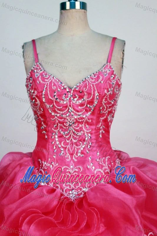 V-neck Hot Pink Straps Appliques Beaded Quinceanera Dress