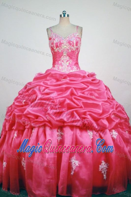 Appliques Straps Red Quinceanera Gown with Beads Pick-ups