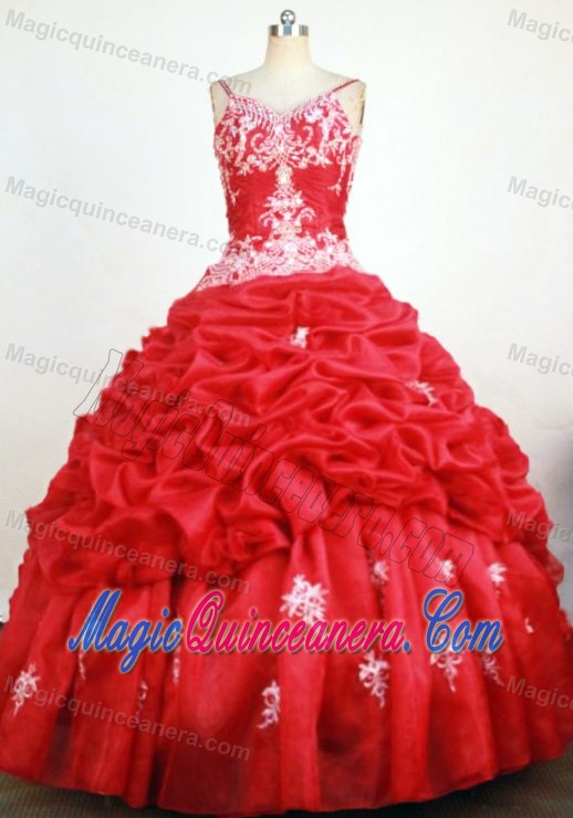 Red Spaghetti Straps Appliques Sweet Sixteen Dress Beaded