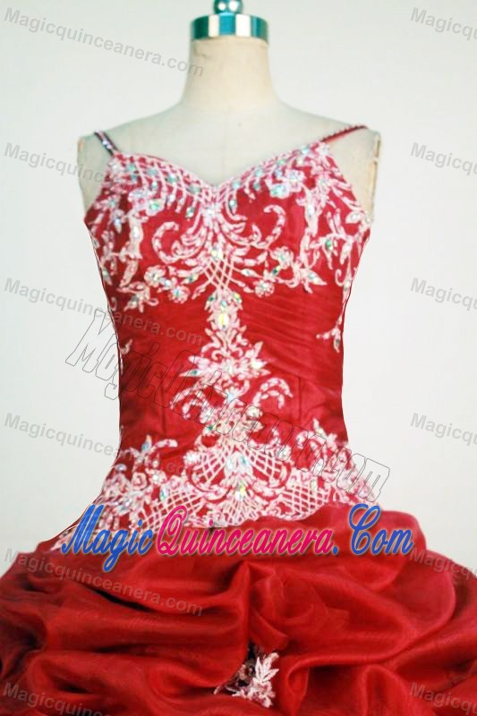 Red Spaghetti Straps Appliques Sweet Sixteen Dress Beaded