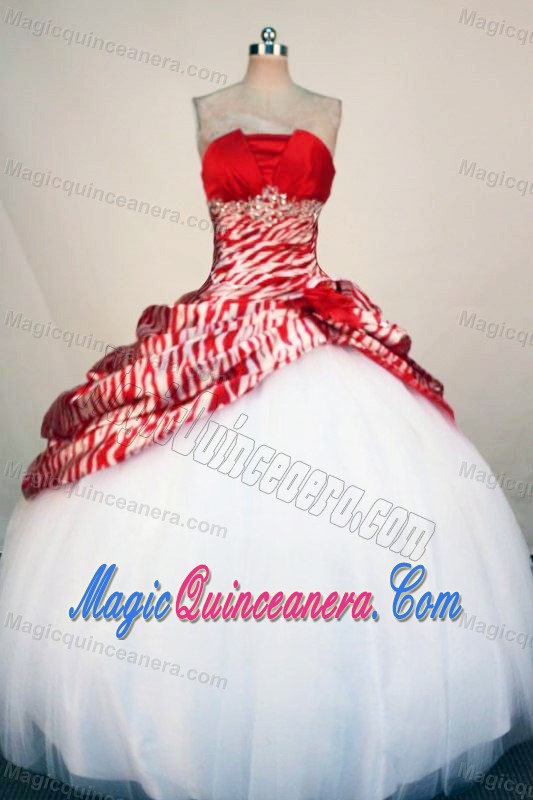 Printing Zebra Red and White Beading Tulle Quinceanera Dresses