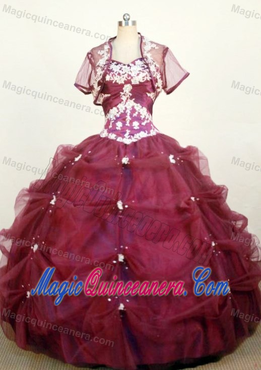 Embroidery Ruched Beading Pick-ups Burgundy Quinceanera Dresses