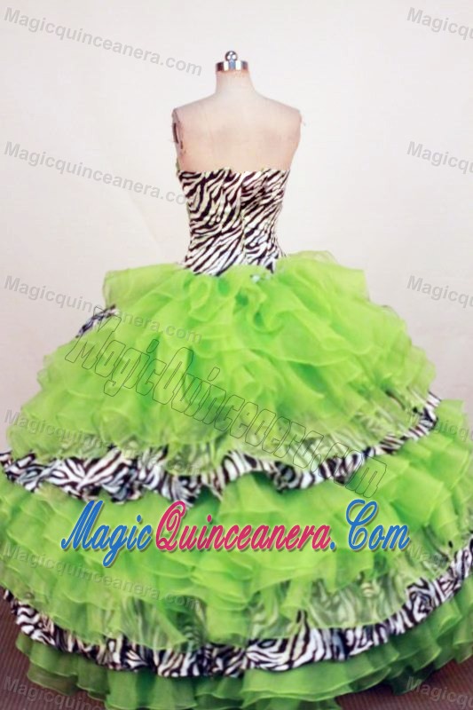 Zebra Spring Green Rhinestones Layered Dresses for Quinceanera
