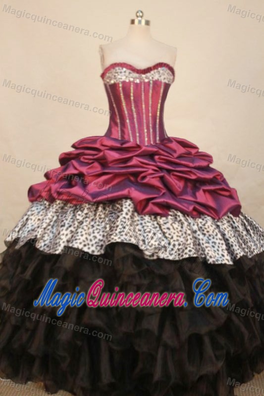 Leopard Beading Burgundy and Black Ruffled Quinceanera Dresses