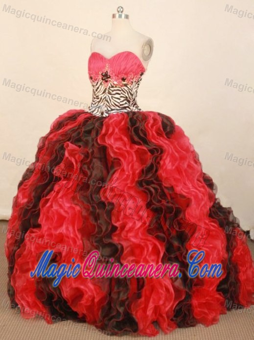 Zebra Red and Black Ruffles Quinceanera Dresses with Brush Train