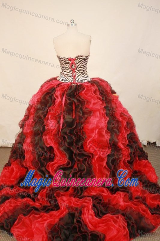 Zebra Red and Black Ruffles Quinceanera Dresses with Brush Train