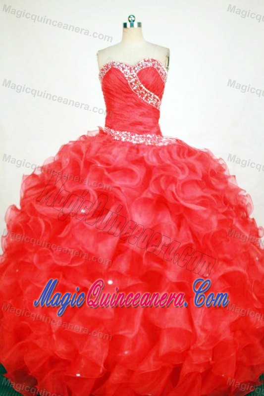 Ruching Beaded Red Quinceanera Dresses with Ruffles in Launceston