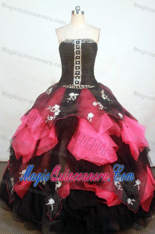 Black and Pink Tiered Ruching Beaded Dresses for Sweet Quinceanera