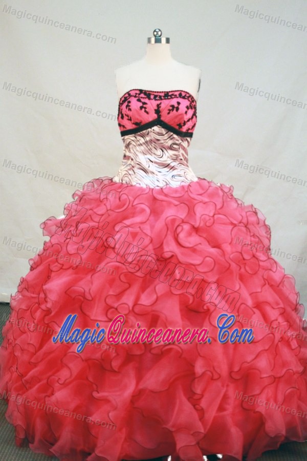Zebra Embroidery Watermelon Quinceanera Dress with Ruffles Layered