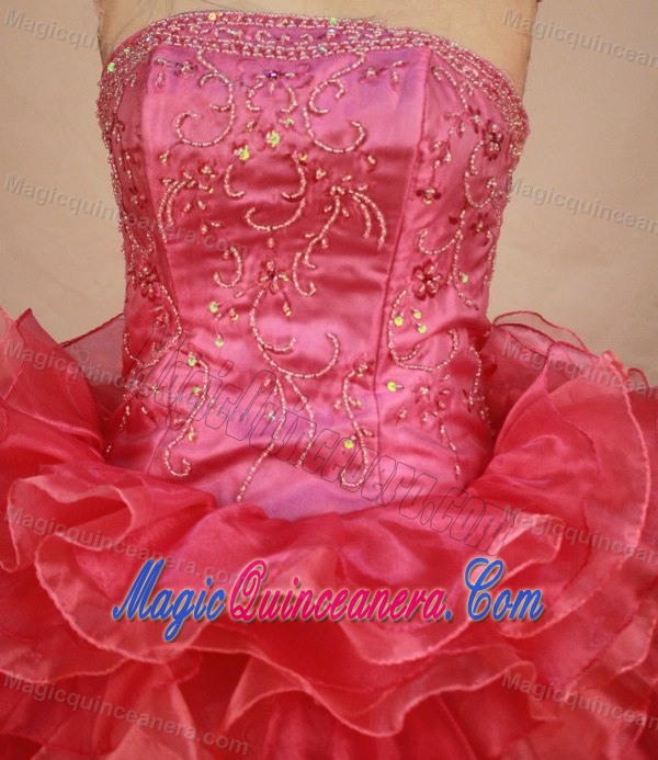 Watermelon Tiered Ruffles Beading Appliques Quinceanera Dresses