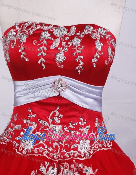 Embroidery Red Beading 2014 Quinceanera Dresses with White Belt
