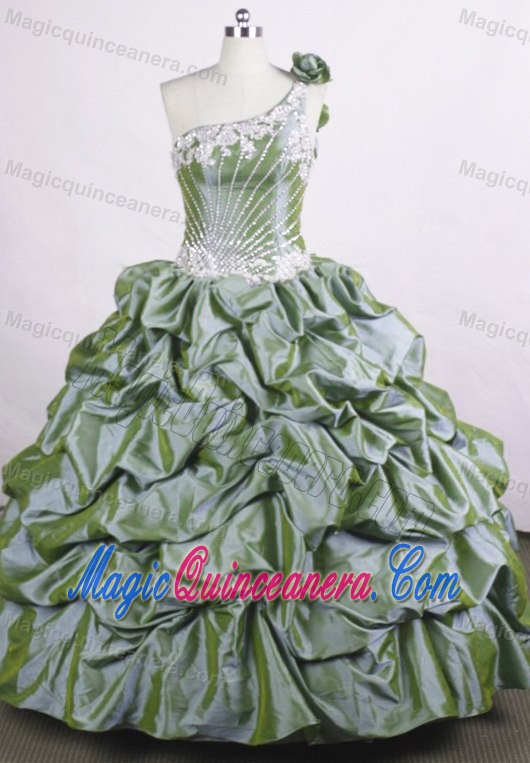 One Shoulder Flower Olive Green Appliques Beaded Quinceanera Dress