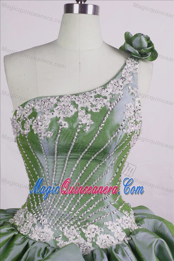 One Shoulder Flower Olive Green Appliques Beaded Quinceanera Dress