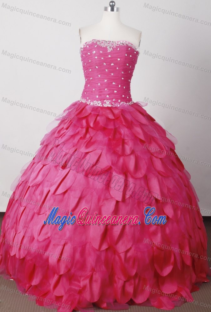 Ruching Beaded Strapless Hot Pink Quinceanera Dress with Petals