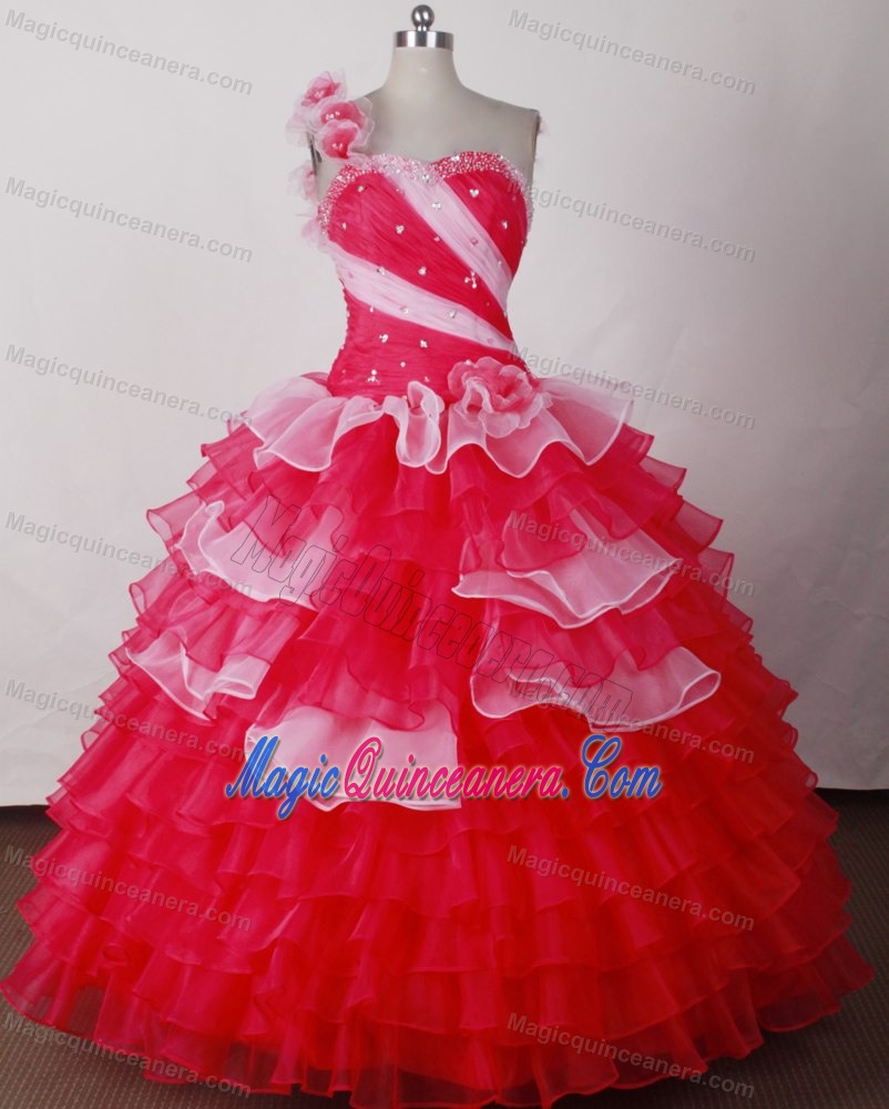 Hand Made Flowers One Shoulder Colored Layers Quinceanera Dresses